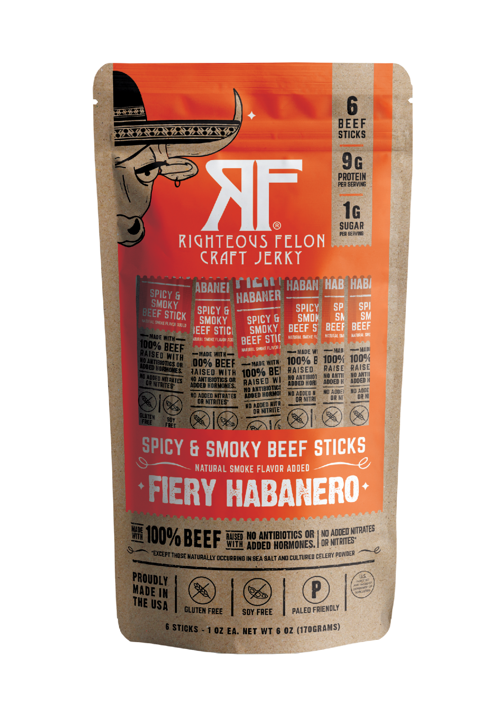 Righteous Felon Fiery Habanero Beef Stick Multipack Pouch 6oz (8ct