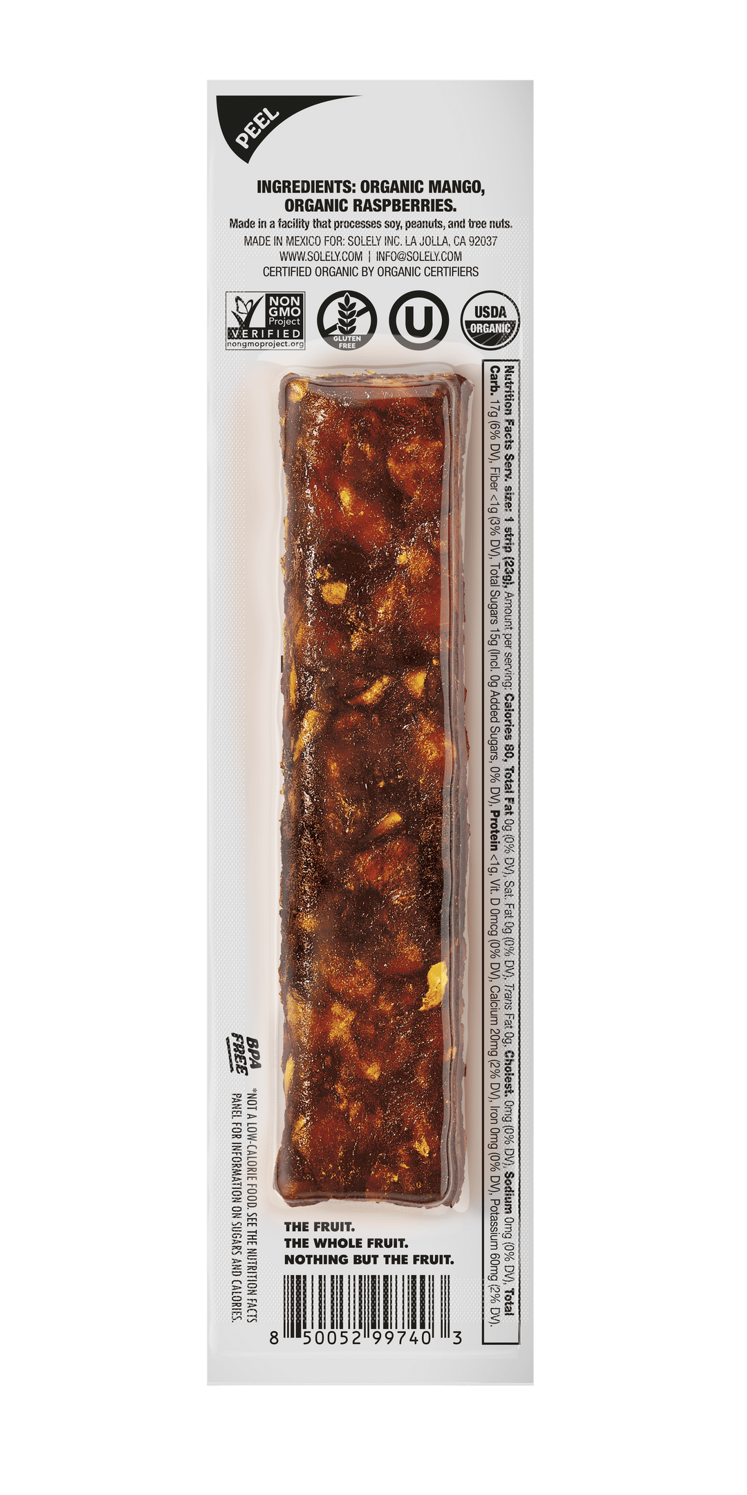Solely Organic Mango Raspberry Fruit Jerky Strip 0.8oz (12ct)