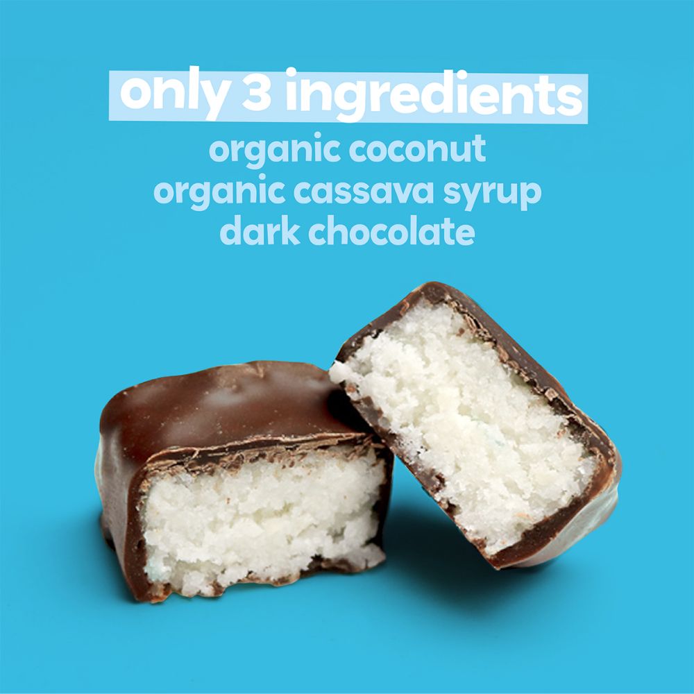 UnReal Mini Bites Dark Chocolate Coconut Bars 0.5oz. Only 3 ingredients: organic coconut, organic cassava syrup, dark chocolate