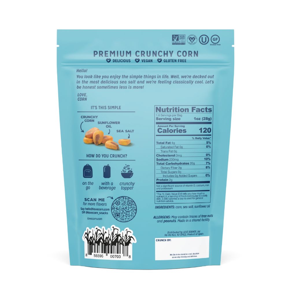 Back of Love Corn Sea Salt Premium Roasted Corn 1.6oz