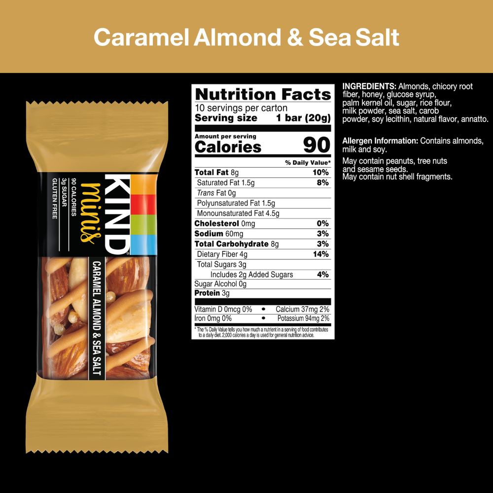 KIND Minis Caramel Almond &amp; Sea Salt Bar 0.7oz Nutrition facts &amp; ingredients