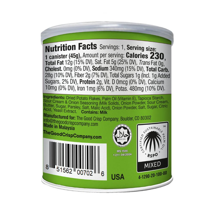 Back of The Good Crisp Sour Cream & Onion Potato Crisps Grab & Go Can 1.6oz (12ct)