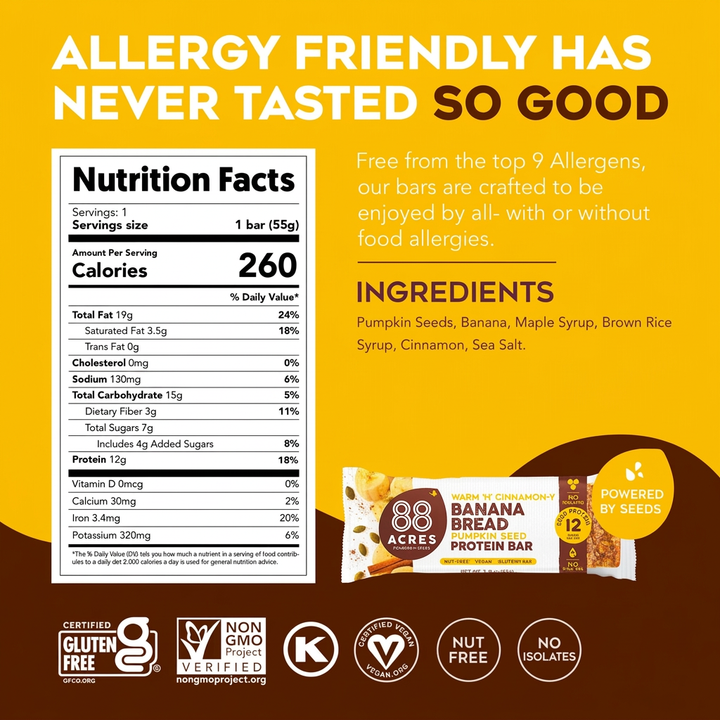 88 Acres Banana Bread Pumpkin Seed Protein Bar 1.9oz (9ct)