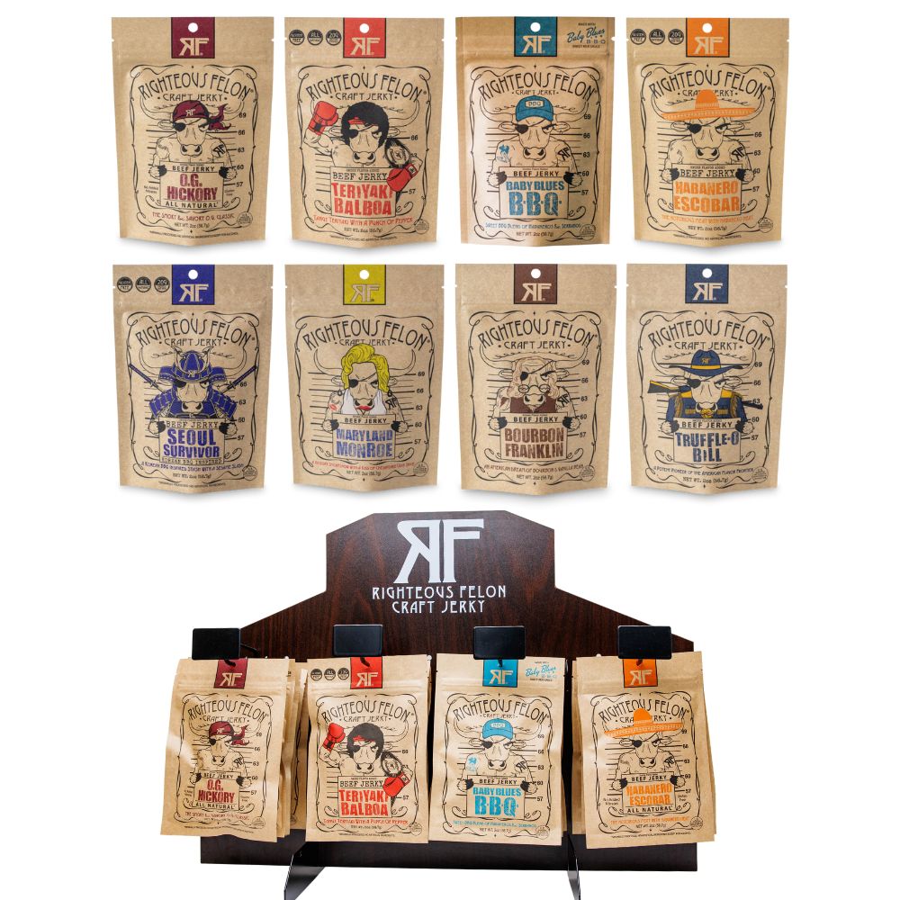 Righteous Felon Beef Jerky Lineup + Countertop Display