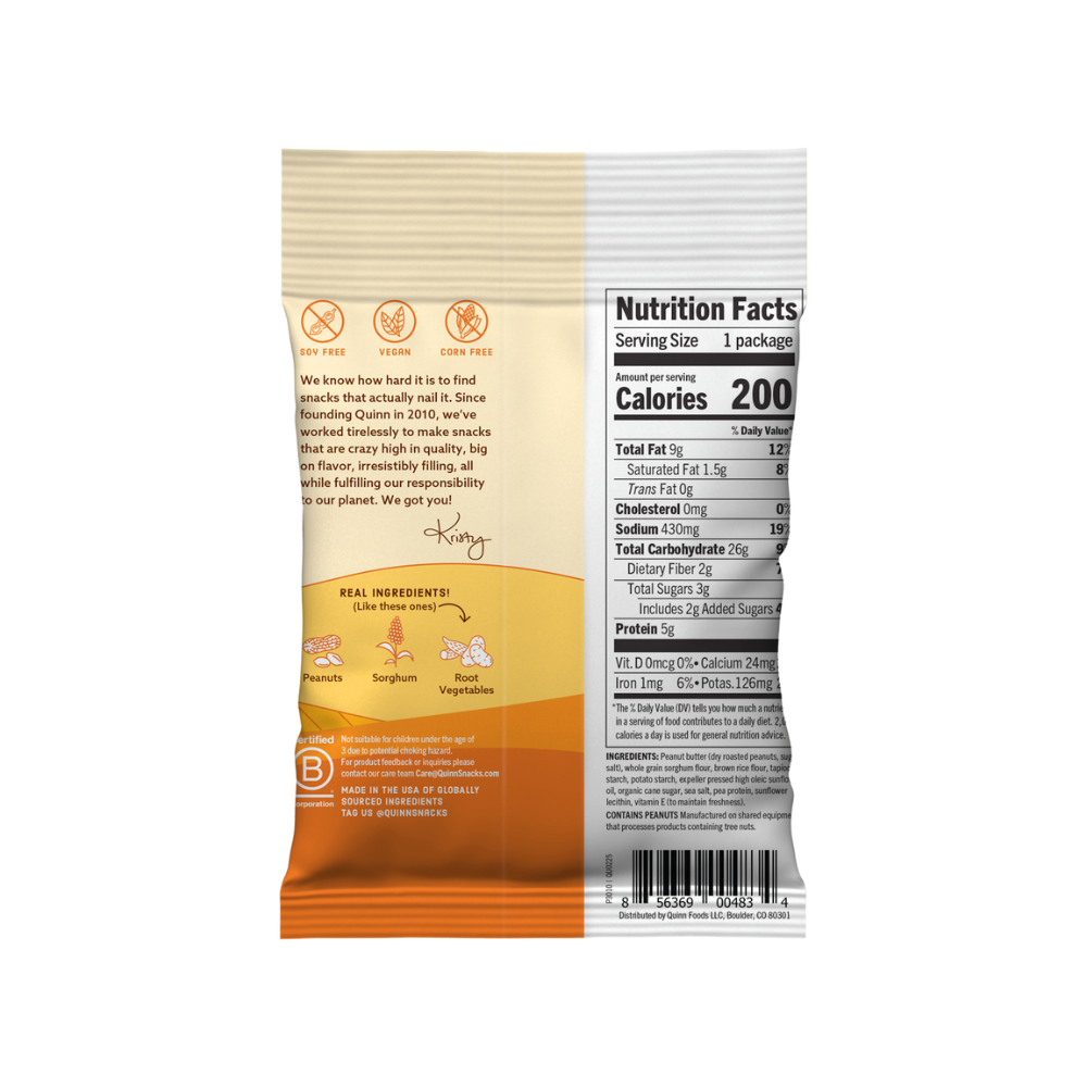 Snack package with nutrition facts label on a white background