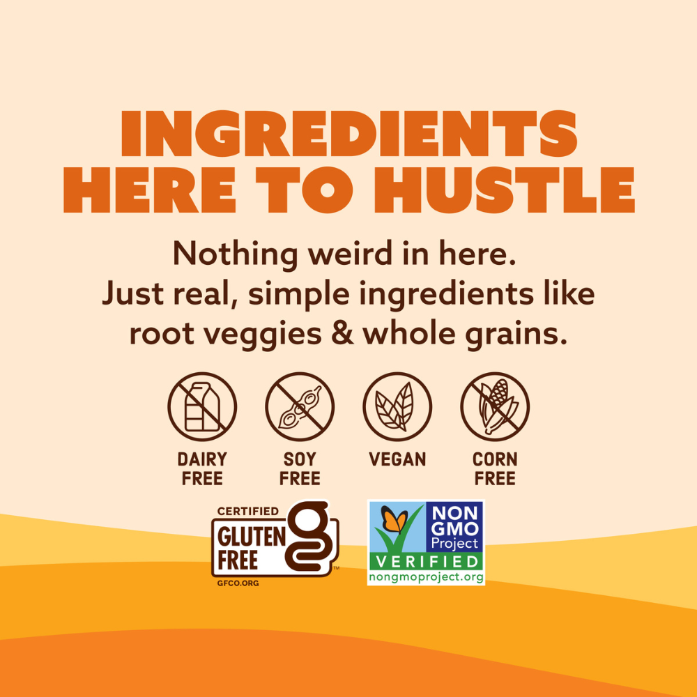 Product label with ingredient information, certification logos, and text on a beige and orange background.