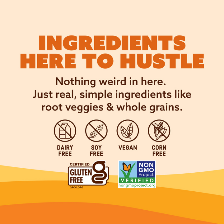 Product label with ingredient information, certification logos, and text on a beige and orange background.