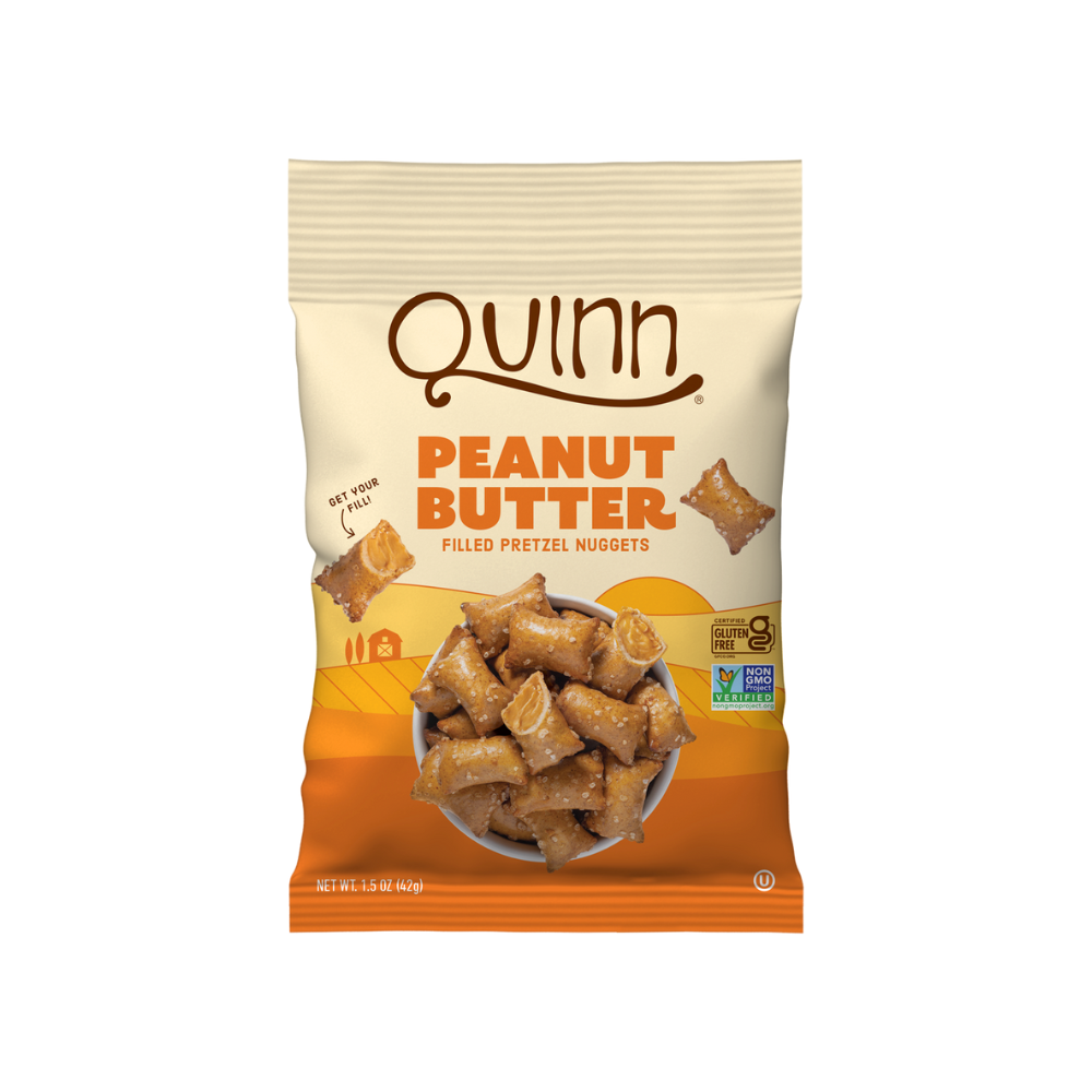 Quinn Peanut Butter Filled Pretzel Nuggets packaging on a white background