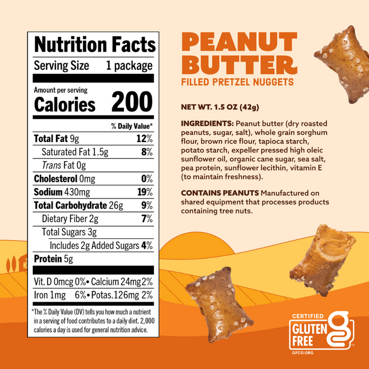 Nutrition facts label and ingredients list for peanut butter filled pretzel nuggets on an orange background.