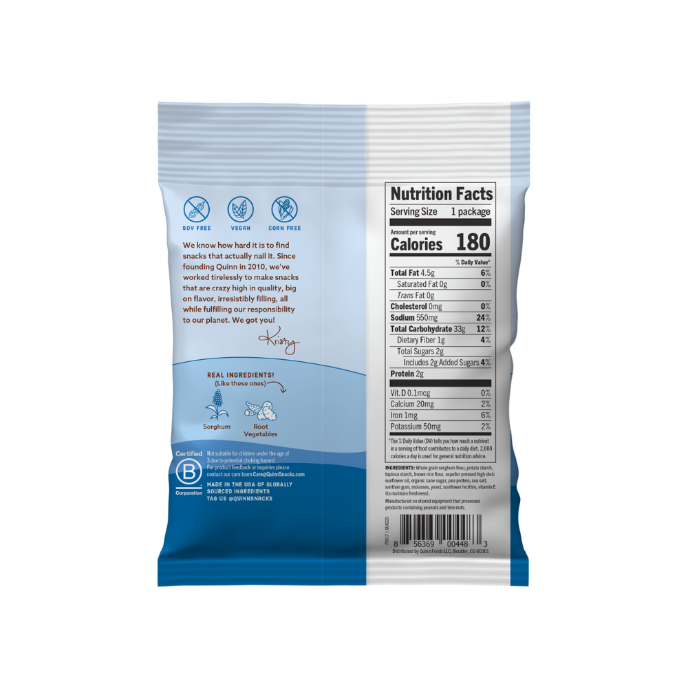 Back view of a snack package with nutrition facts label on a white background