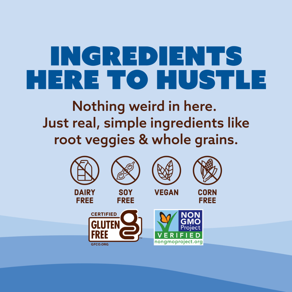 Product label with ingredient claims on a blue background