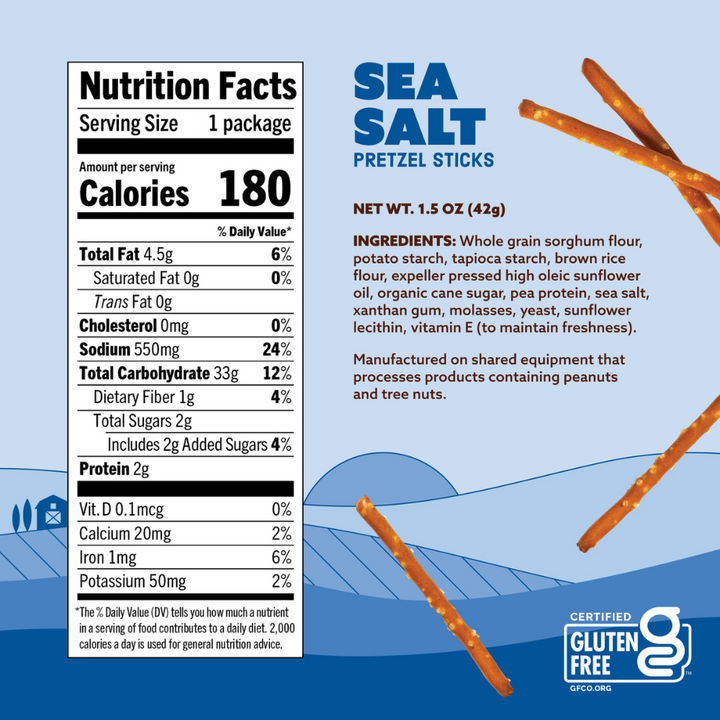Nutrition facts label and packaging of sea salt pretzel sticks on a blue background
