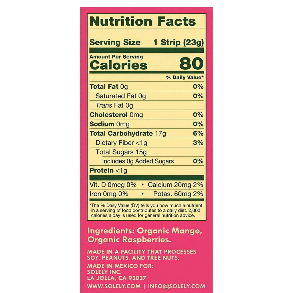 Solely Organic Mango Raspberry Fruit Jerky Strip 0.8oz (12ct)