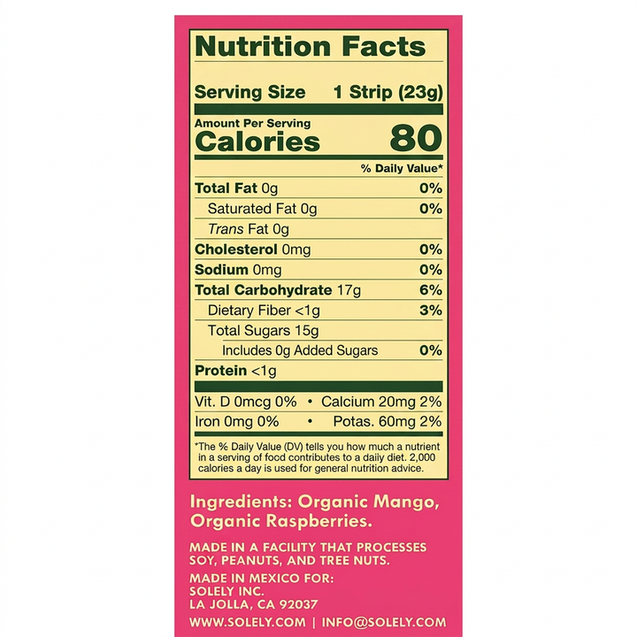 Solely Organic Mango Raspberry Fruit Jerky Strip 0.8oz (12ct)