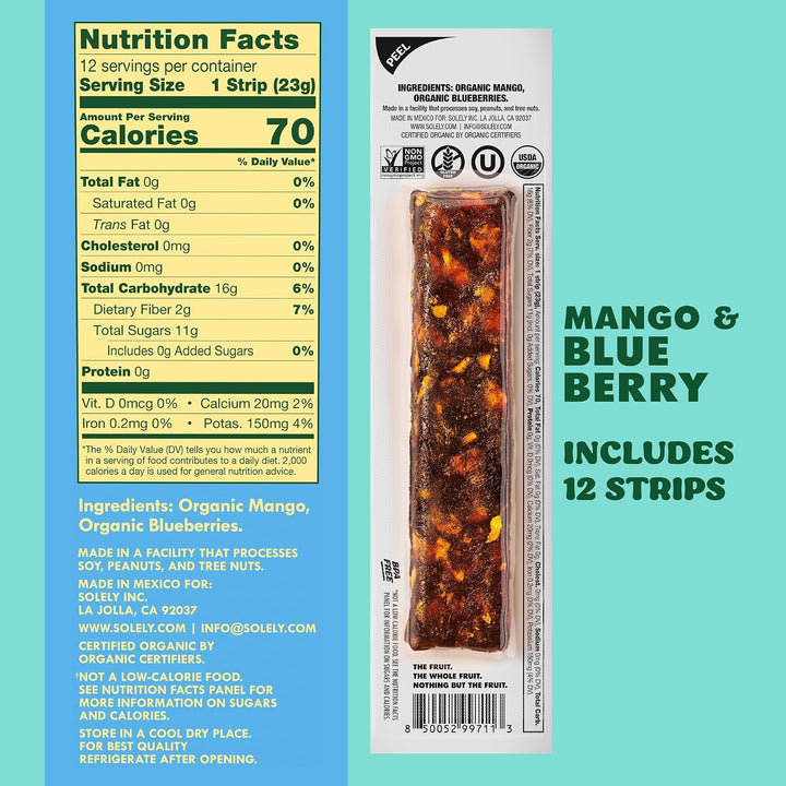 Solely Organic Mango Blueberry Fruit Jerky Strip 0.8oz (12ct)
