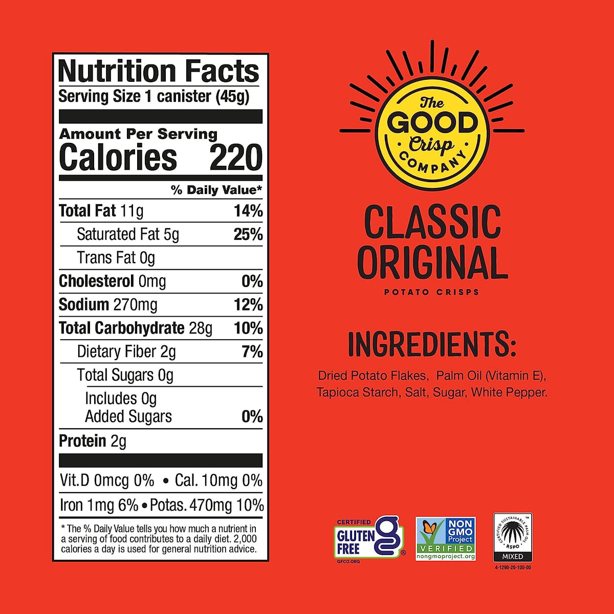 The Good Crisp Original Potato Crisps Grab &amp; Go Can 1.6oz (12ct) nutrition &amp; ingredients