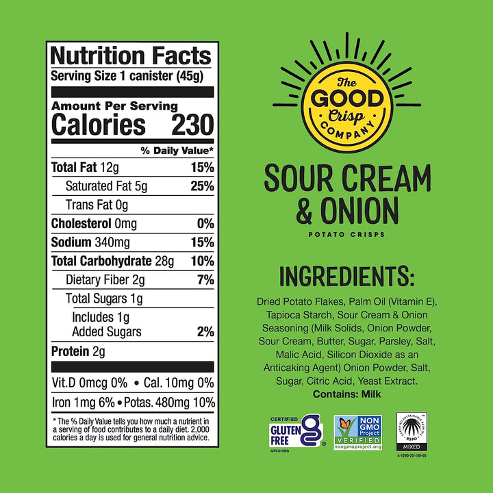 The Good Crisp Sour Cream & Onion Potato Crisps Grab & Go Can 1.6oz (12ct) nutrition and ingredients