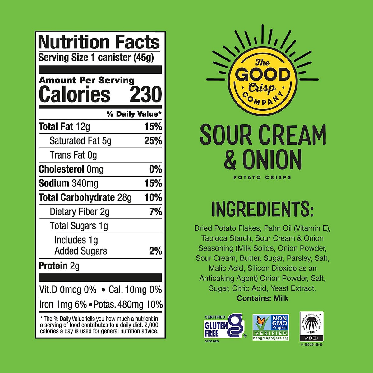 The Good Crisp Sour Cream &amp; Onion Potato Crisps Grab &amp; Go Can 1.6oz (12ct) nutrition and ingredients