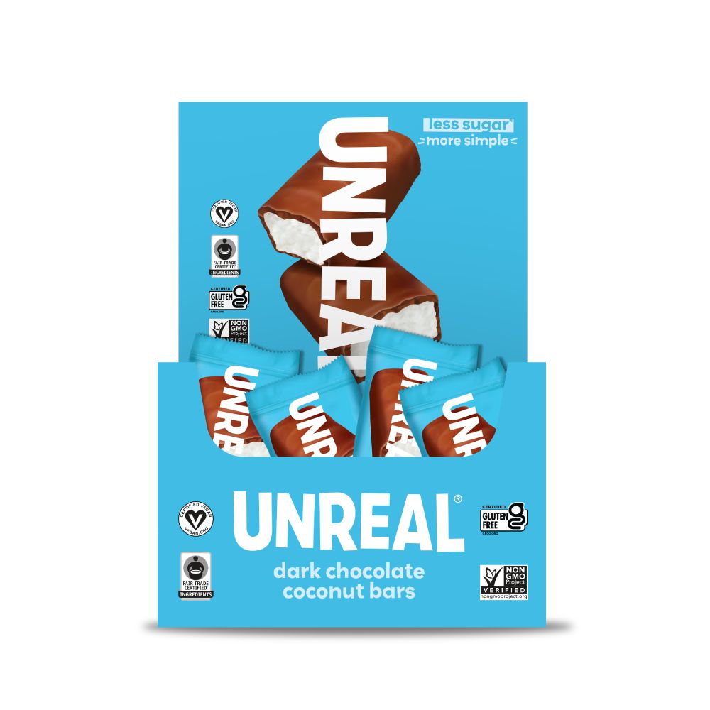 Open case UnReal Mini Bites Dark Chocolate Coconut Bars 0.5oz