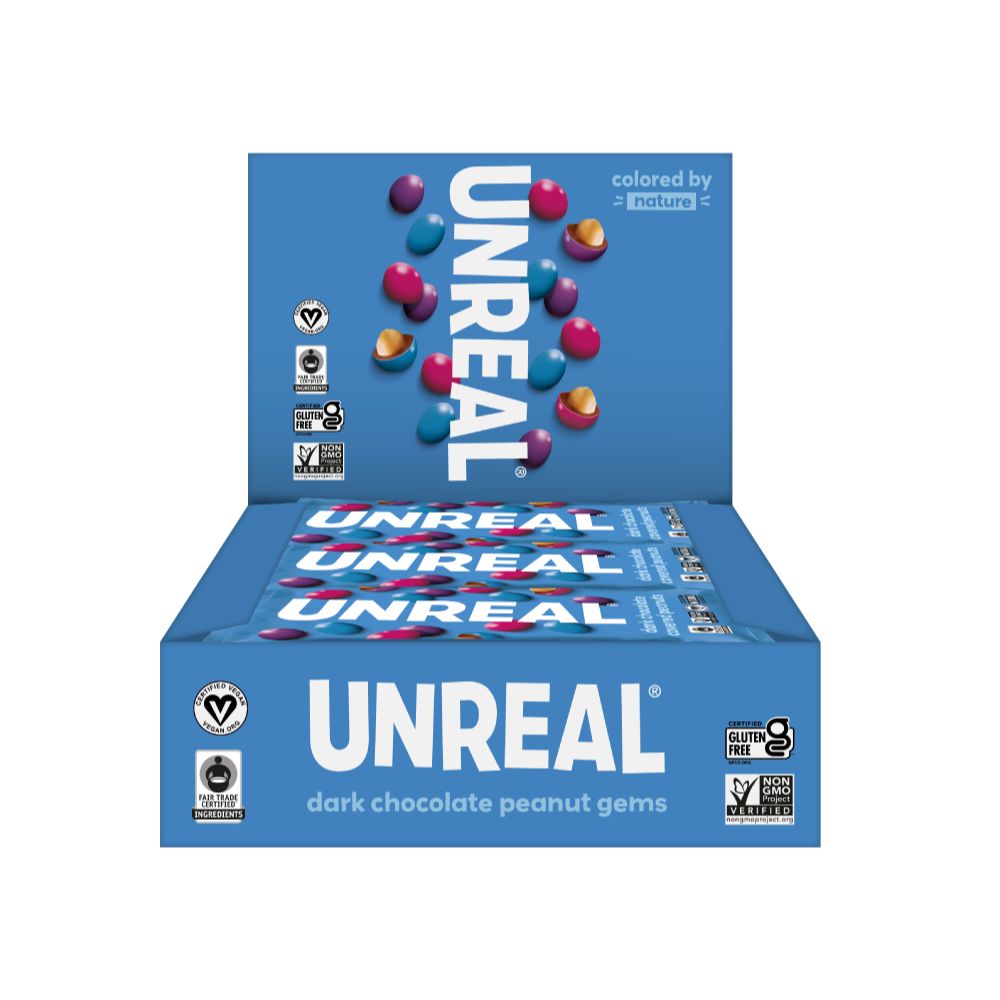Open case UnReal Dark Chocolate Peanut Gems Snack Pack 1.5oz