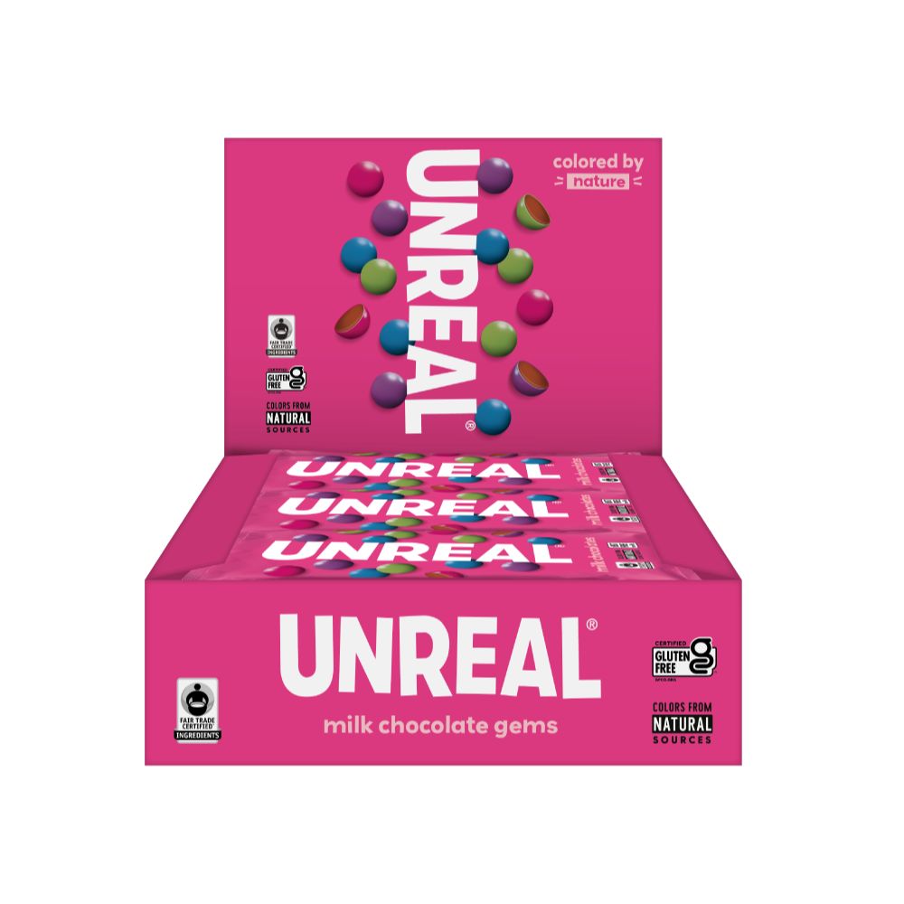 Open case UnReal Milk Chocolate Gems Snack Pack 1.5oz 