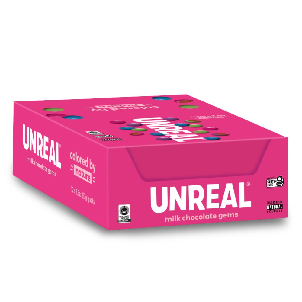 Closed case UnReal Milk Chocolate Gems Snack Pack 1.5oz 