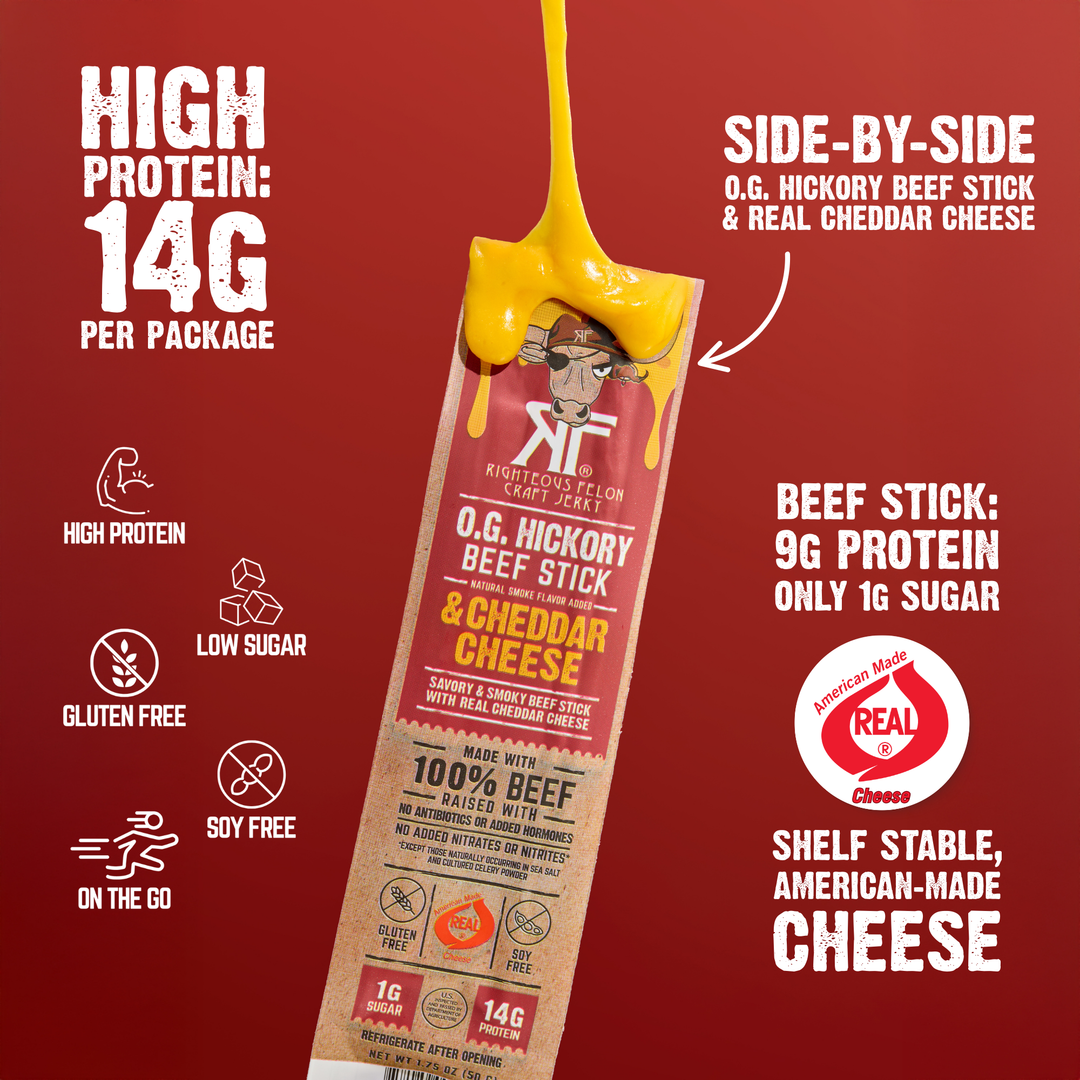 beef & cheese callouts: 14g protein, side by side og hickory and real american cheddar cheese