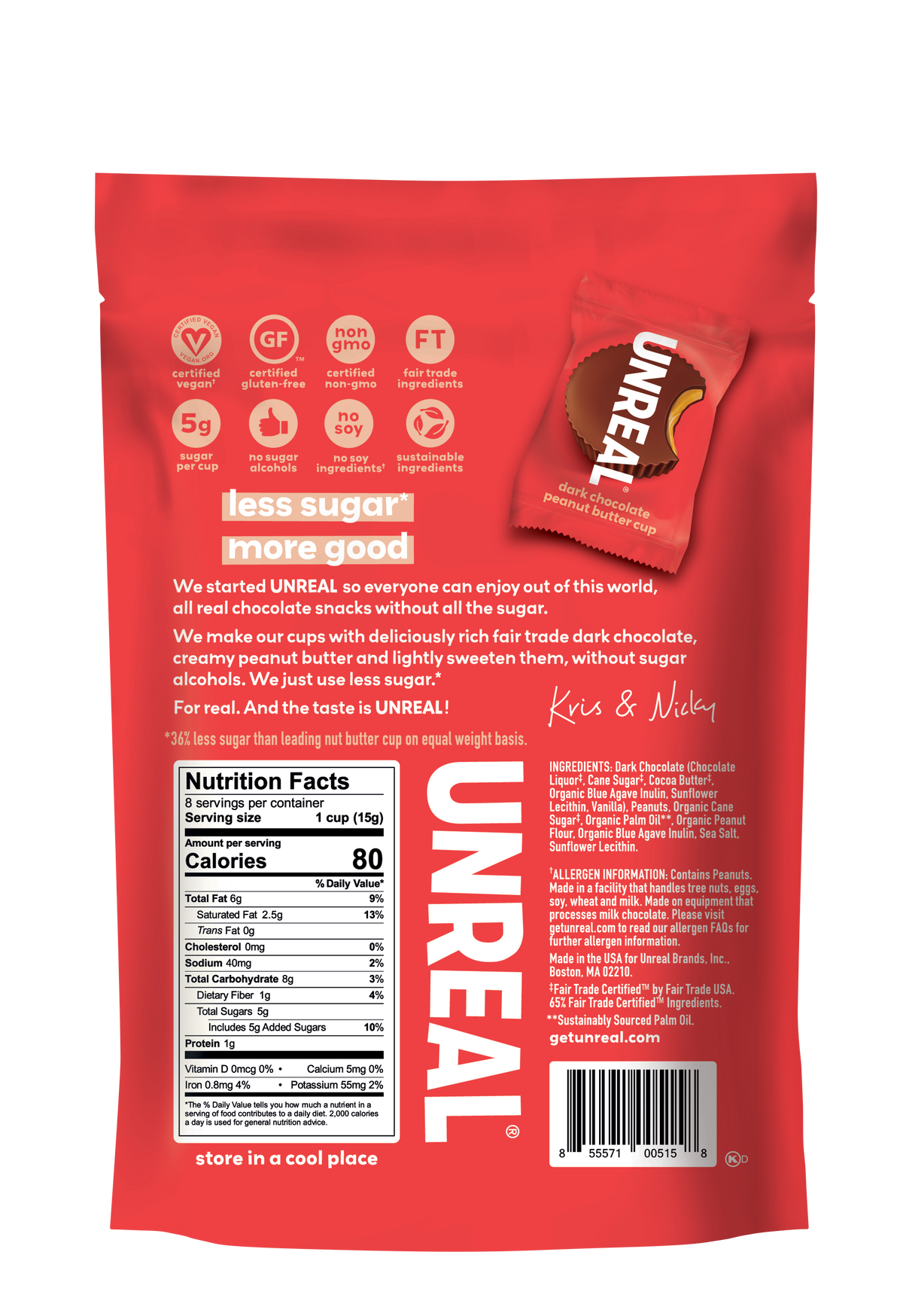 UnReal Mini Dark Chocolate Peanut Butter Cups Pouch Bag 4.2oz (6ct)
