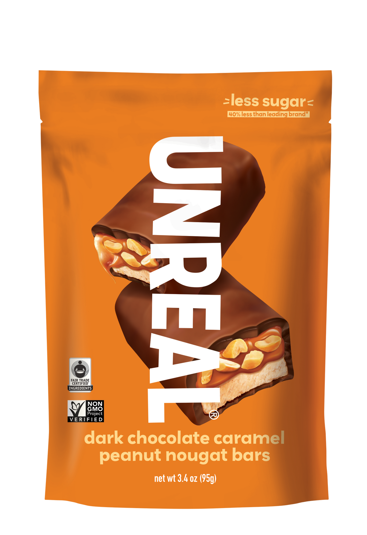 UnReal Dark Chocolate Caramel Peanut Nougat Bars Pouch Bag 3.4oz (6ct)