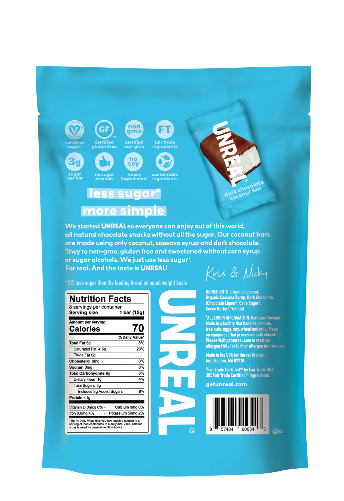 UnReal Dark Chocolate Coconut Bars Pouch Bag 4.2oz (6ct)