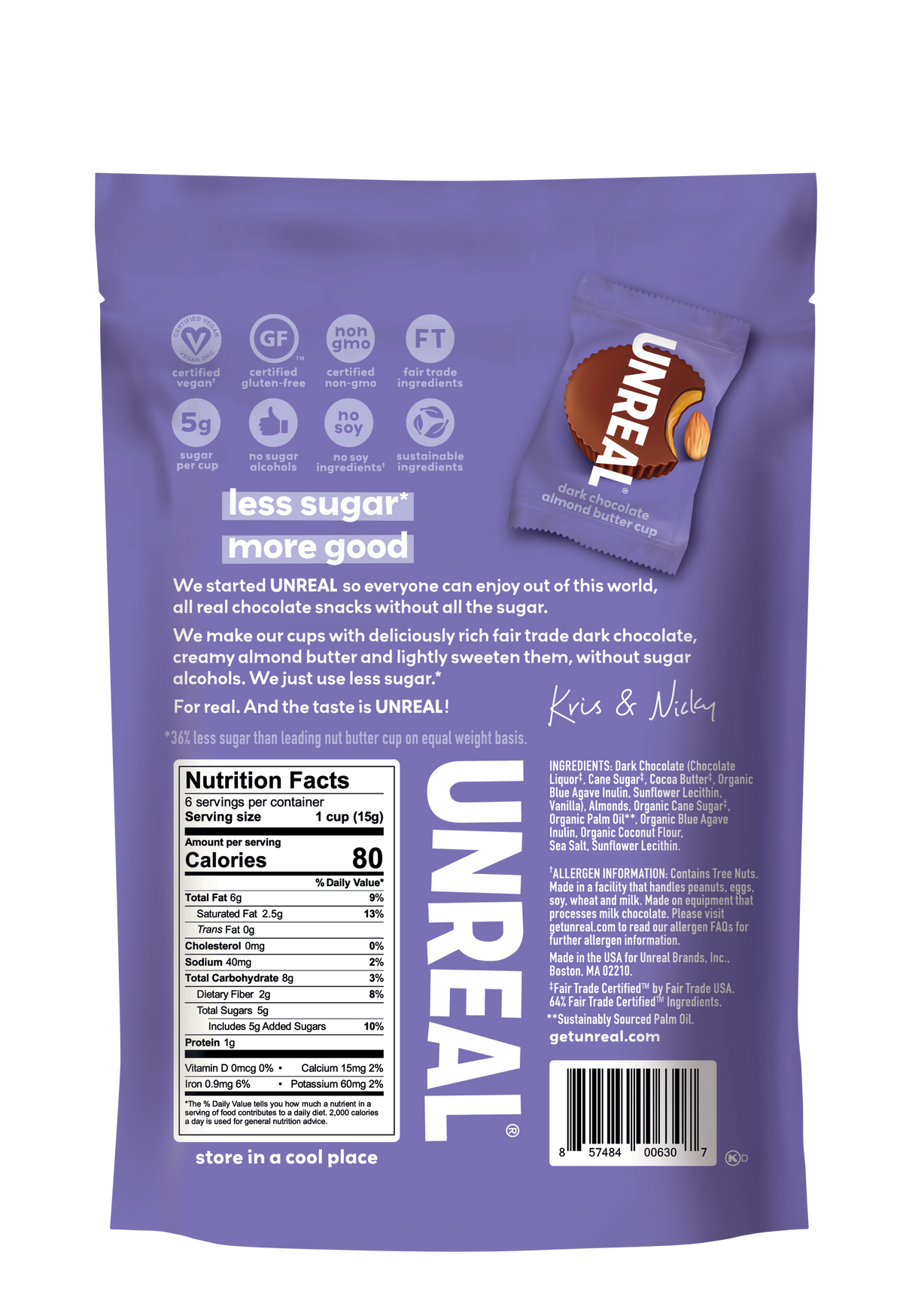UnReal Mini Dark Chocolate Almond Butter Cups Pouch Bag 3.2oz (6ct)