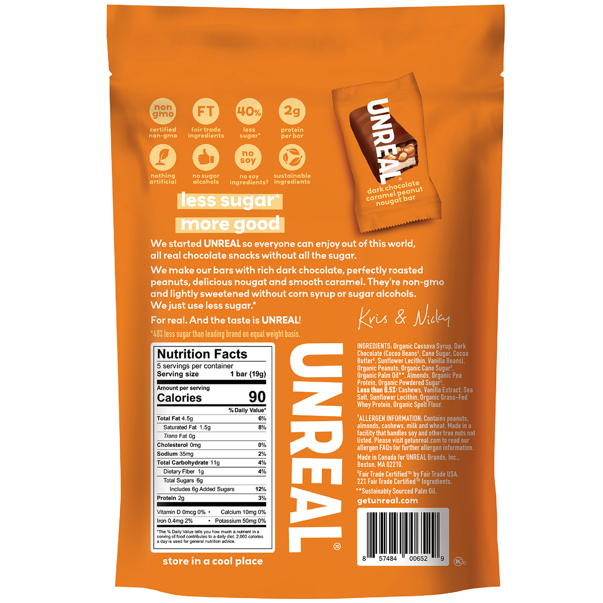 UnReal Dark Chocolate Caramel Peanut Nougat Bars Pouch Bag 3.4oz (6ct)